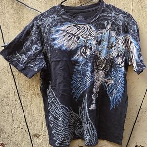 Men's Black T-Shirt with Blue and Cream Full-length Graphics by XAR UNLIMITED